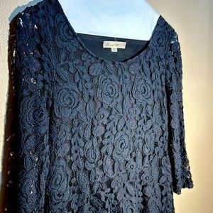 Comme too…black floral lacy skater dress. Sheer sleeves, lined bodice/skirt sz s